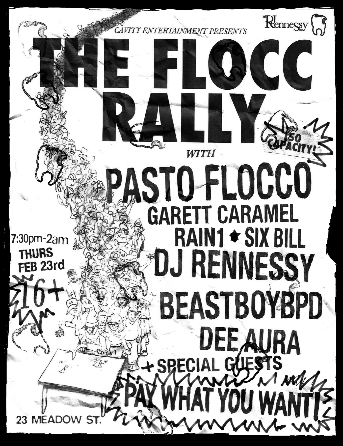 The Flocc Rally event flyer hand-drawn by Malcolm Ransome